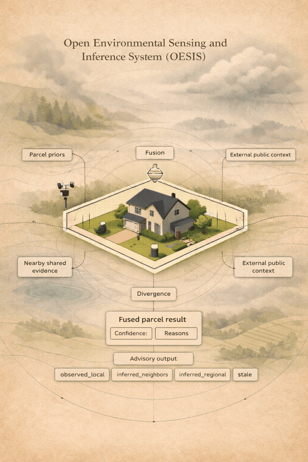 OESIS system diagram: a site at center with indoor and outdoor sensors, surrounded by four evidence sources — parcel priors, external public context, nearby shared evidence, and fusion — producing a fused parcel result with confidence and reasons, and advisory outputs categorized by evidence mode (local_only, local_plus_public, or insufficient).