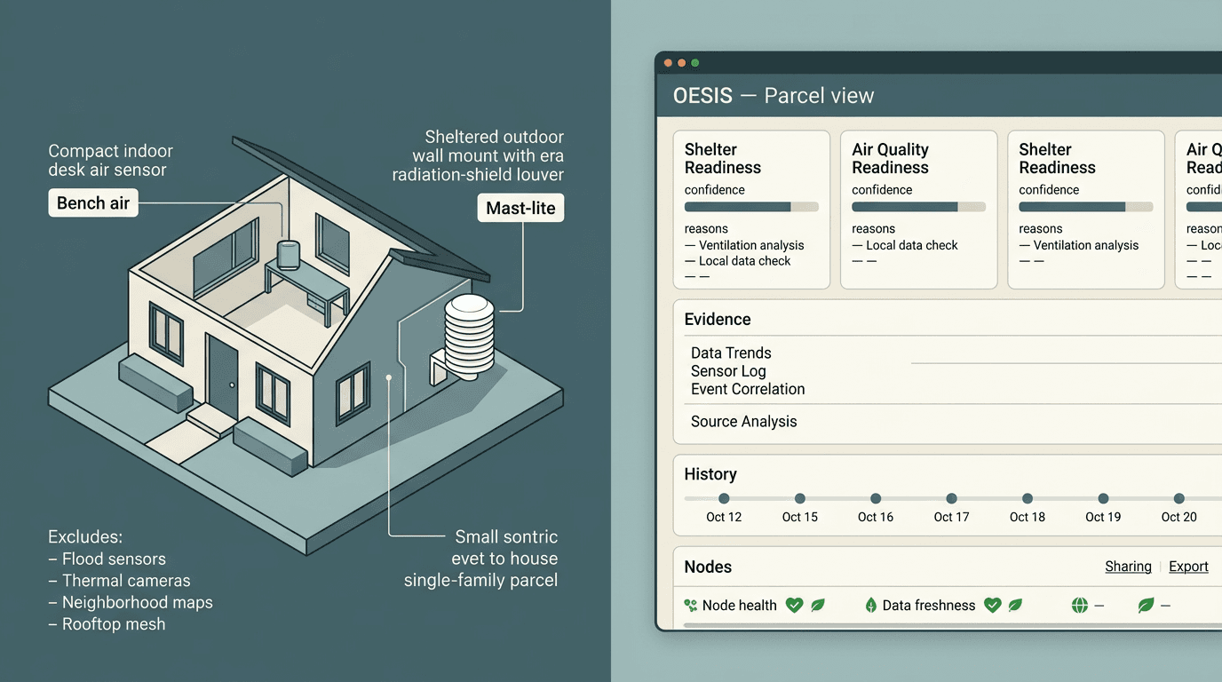 Concept mockup: one parcel with bench-air indoor node and mast-lite outdoor reference, beside a parcel-view web UI with readiness cards, evidence, history, nodes, and sharing or export.