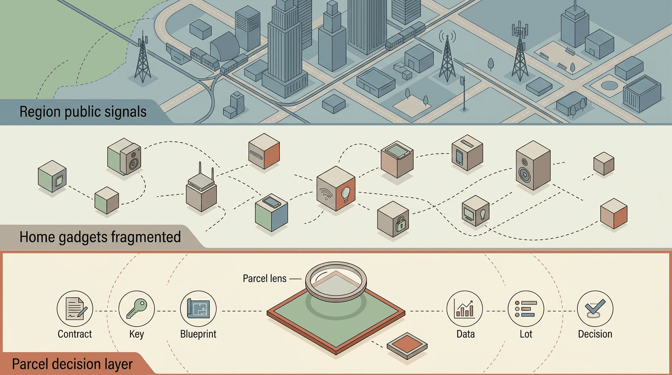 Diagram contrasting a wide regional layer, fragmented home gadgets, and a parcel-focused decision layer.