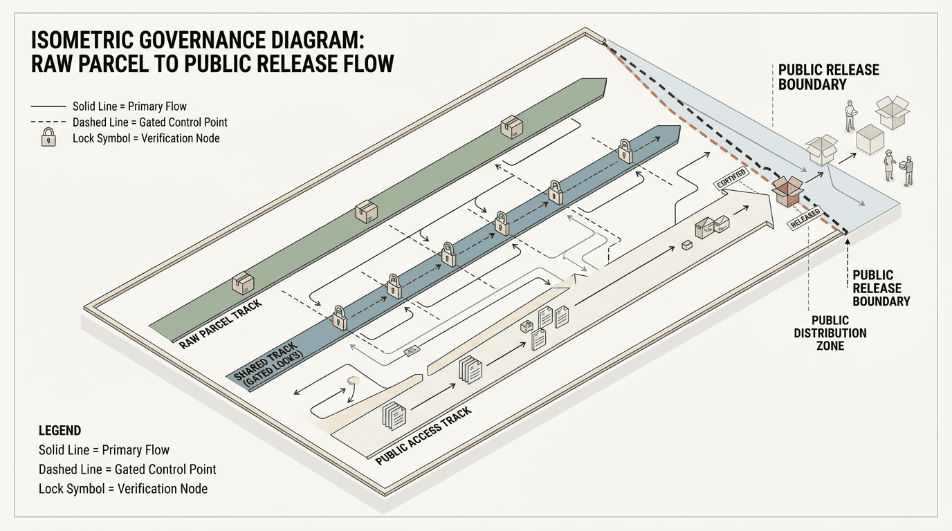Schematic of raw parcel data, opt-in shared signals, and public context separated by policy boundaries.