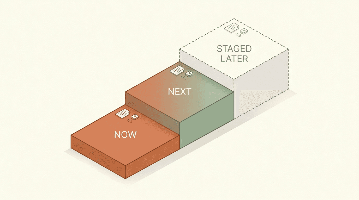 Build maturity from active work now to staged later modules, without implying everything is shipped.