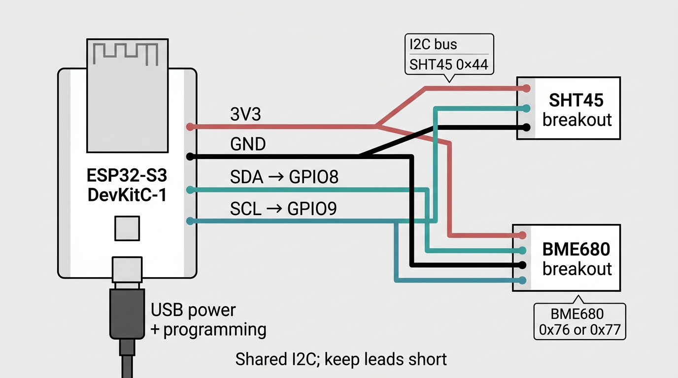 Bench air node: ESP32-S3 DevKitC-1 with shared I2C to SHT45 and BME680 breakouts, GPIO8 SDA and GPIO9 SCL, 3V3 and GND