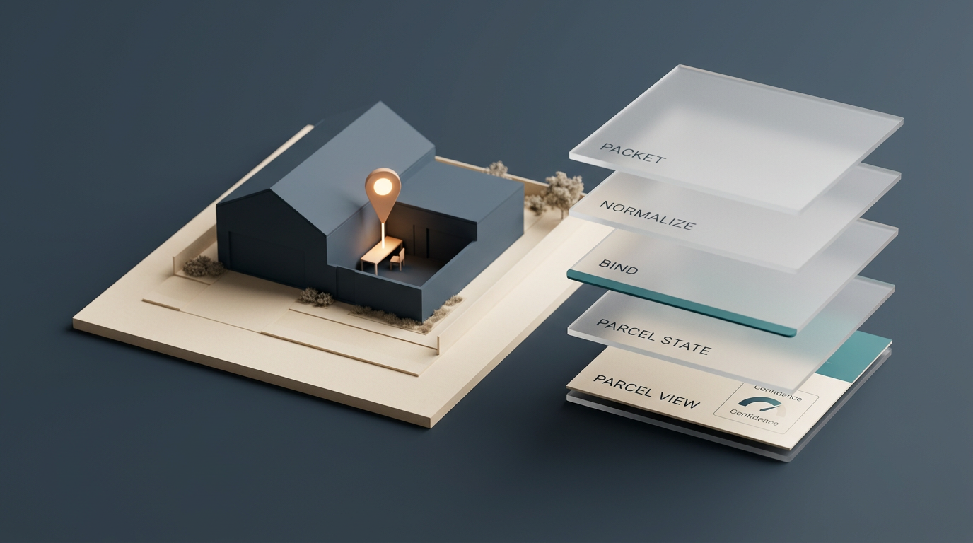 Tabletop-style model of one parcel with an indoor bench-air point and a five-layer physical pipeline from packet to parcel view